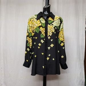 Bob Mackie 100% Silk Blouse in Black, Yellow and Green Floral Print Size L
